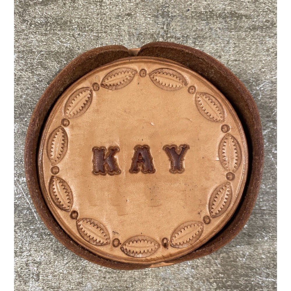 Vintage Handmade Set of 6 Pressed Leather "Kay" Coasters